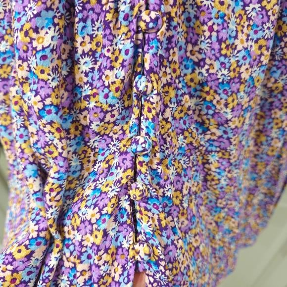 Zara Purple Blue Yellow Floral Puff Smocked Sleeve Sundress Mini, Deep Vneck, S - Picture 5 of 16